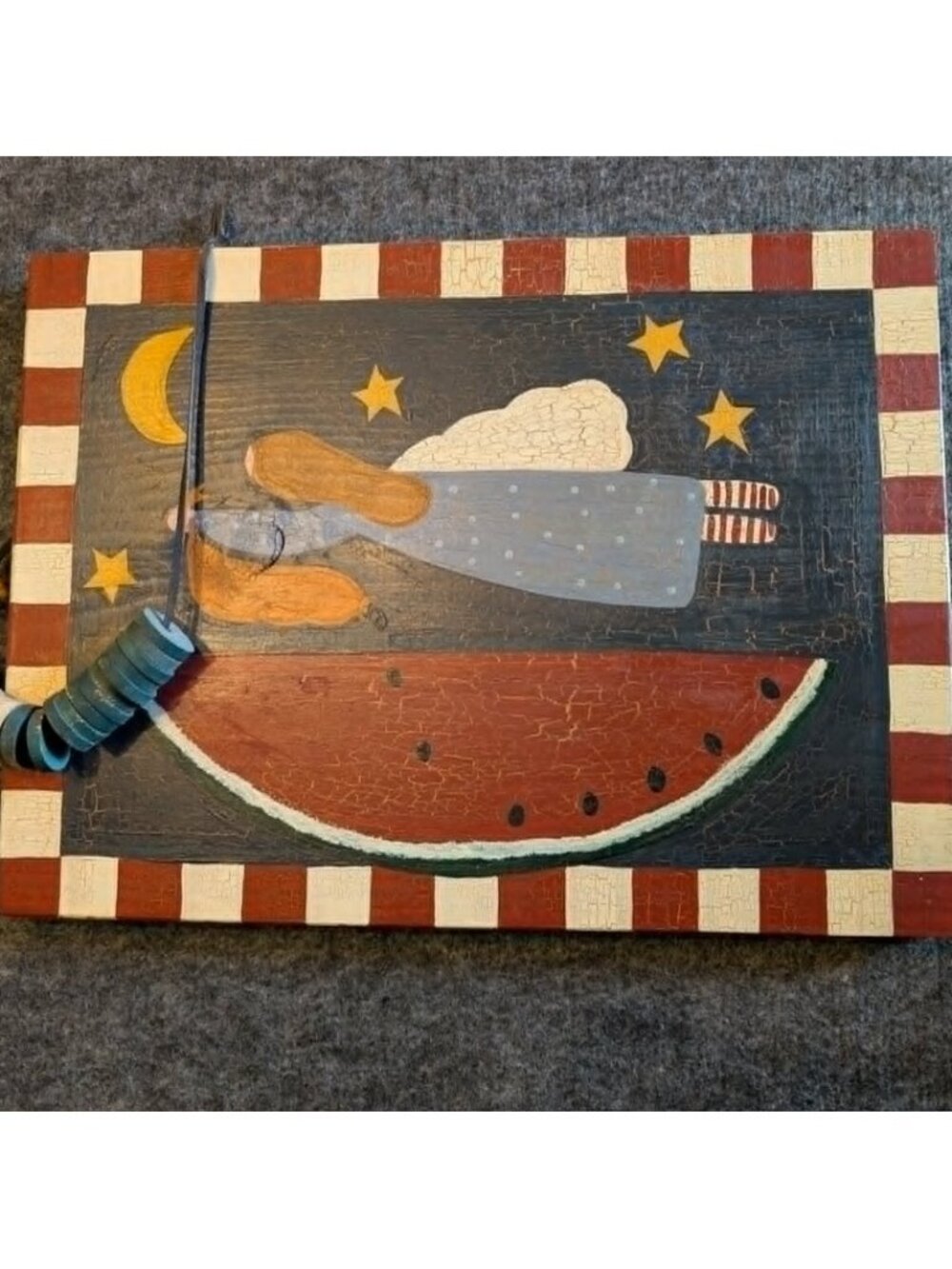 Primitive Folk Art Wooden Box with Angel & Watermelon Design – Rustic Country St